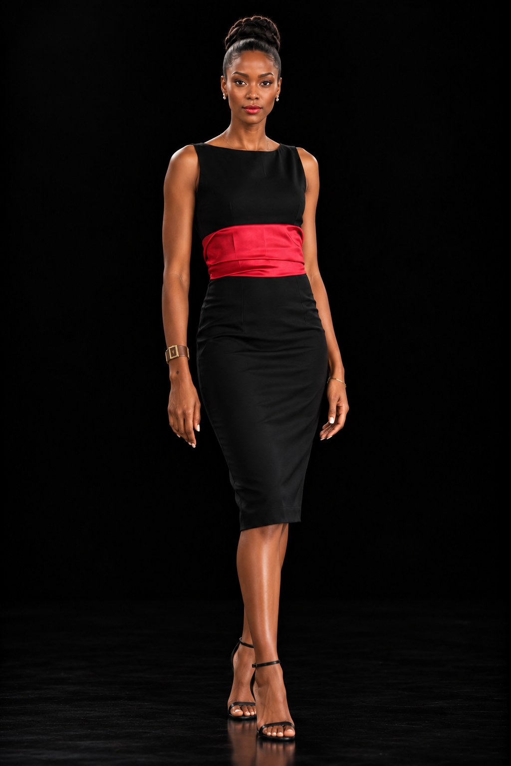 Robe noire sans manches, ceinture rouge